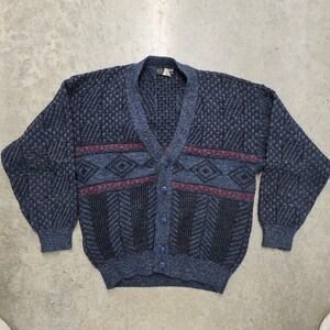 Vintage 80s Tris Line Mens Geometric Cardigan Sweater Blue Red Wool Blend Italy